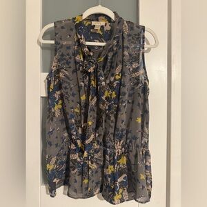 LOFT Floral Tie-Neck Blouse - Gray and Yellow